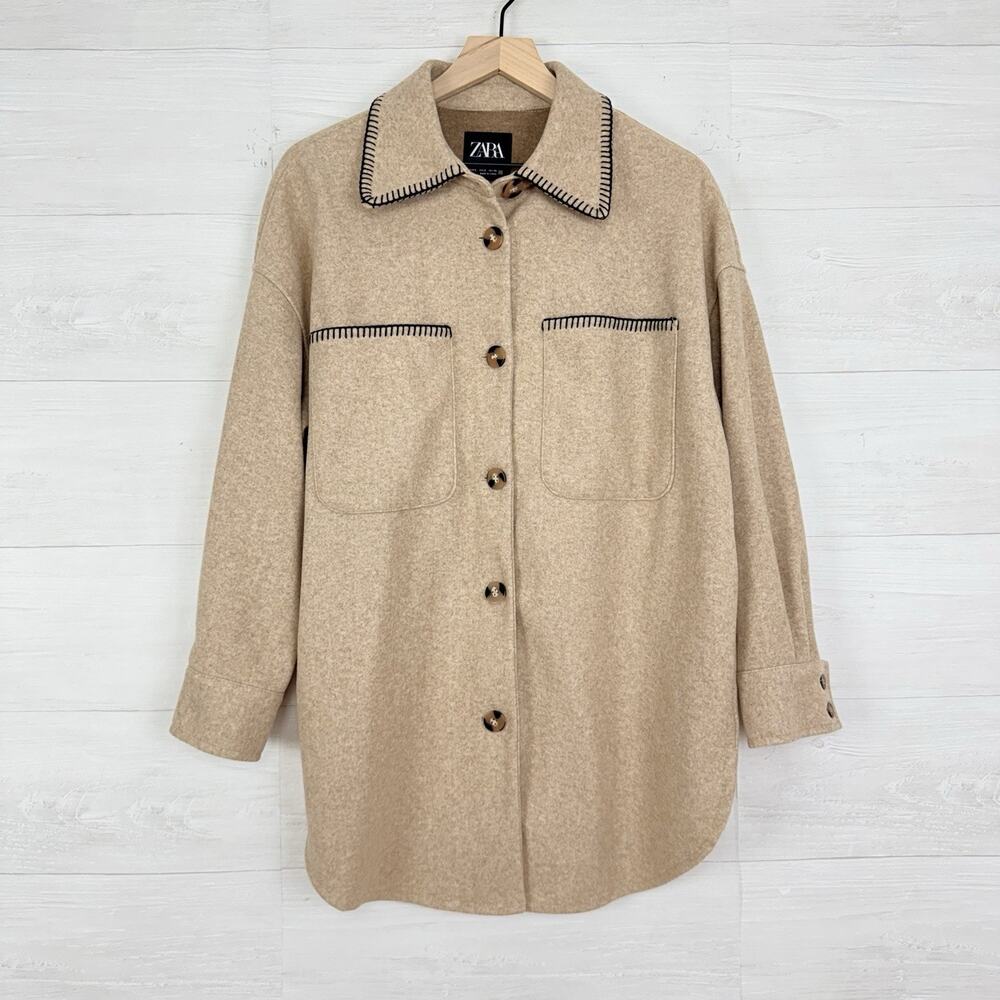 Zara Oversized Soft Jacket Coat Shacket Women Small Oatmeal Whipstitch Boxy Cozy